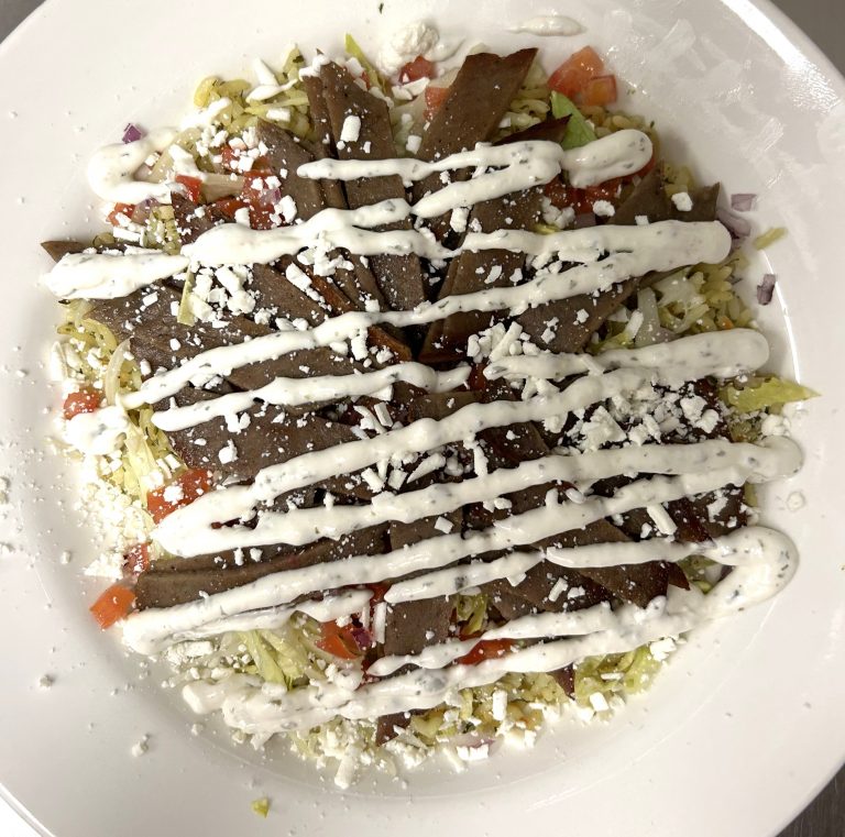 Fireside Welland restaurant gyro rice bowl with tzatziki drizzle