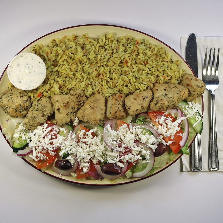 Fireside Welland Restaurant Chicken Souvlaki Dinner with Greek Salad and rice. Wellands best Greek food