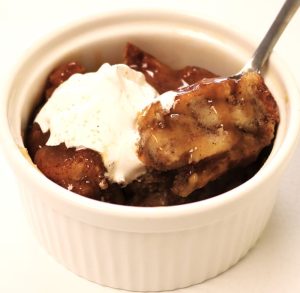 Fireside Welland restaurant homemade bread pudding with caramel sauce and whipped cream