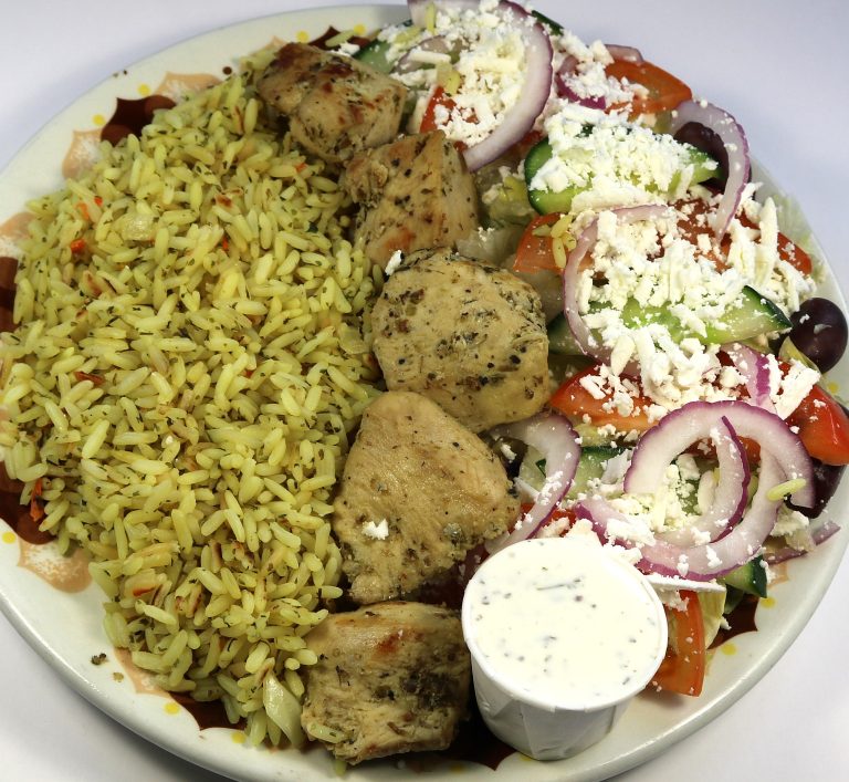 Fireside Welland restaurant chicken souvlaki lunch special with Greek salad and rice