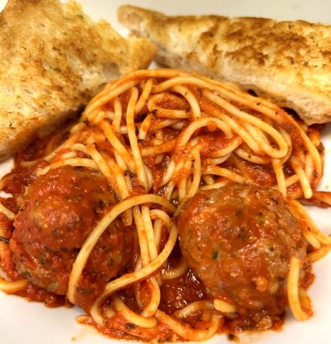 Fireside Welland restaurant homemade italian meatballs with spaghetti and garlic bread