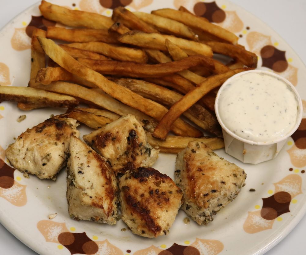 Fireside Welland Restaurant kids chicken souvlaki meal with fresh cut fries and tzatziki