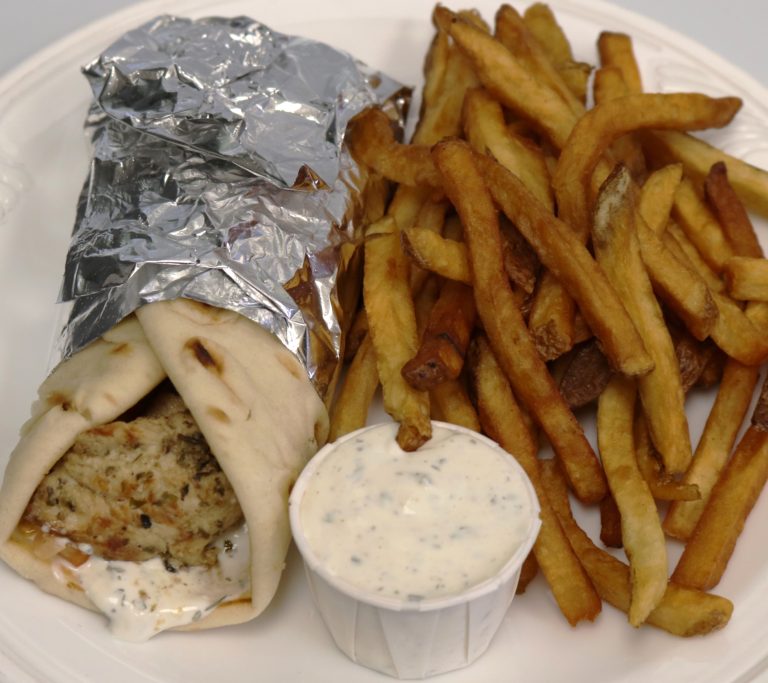 Fireside Welland restaurant chicken souvlaki with fresh cut fries lunch special