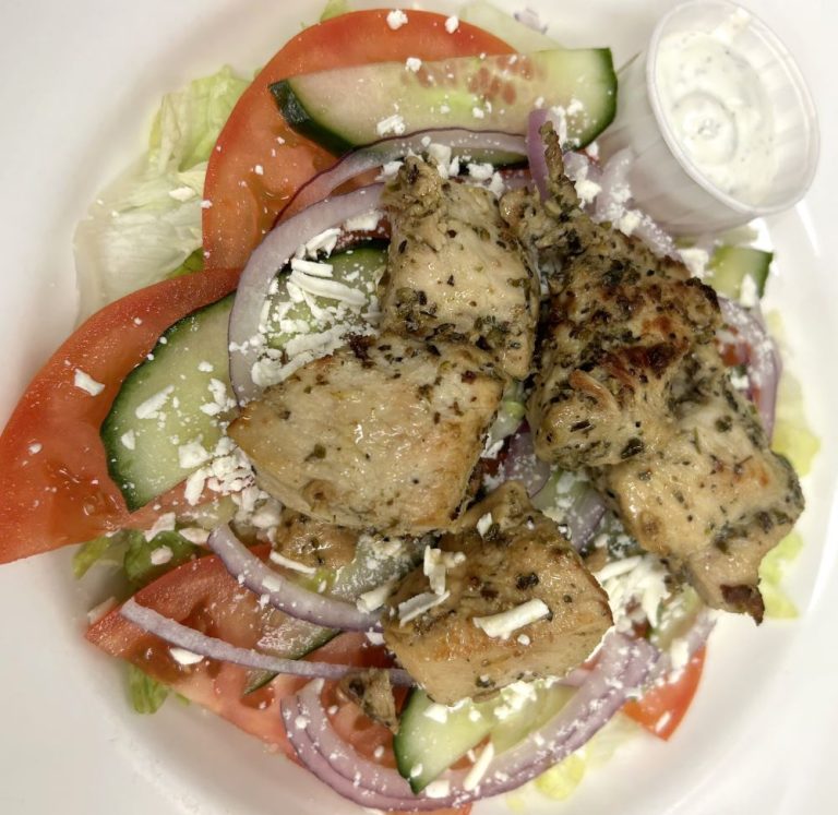 Fireside Welland restaurant lunch special Greek salad with chicken souvlaki