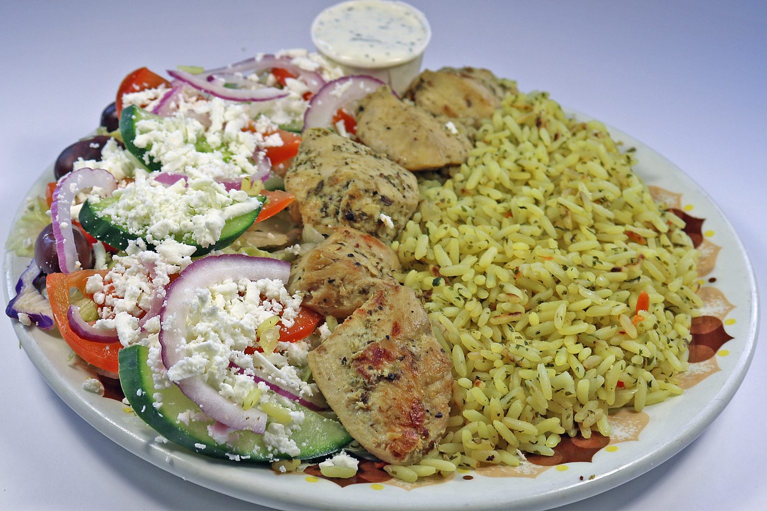 Fireside Welland restaurant Chicken Souvlaki meal with Greek rice and Greek salad